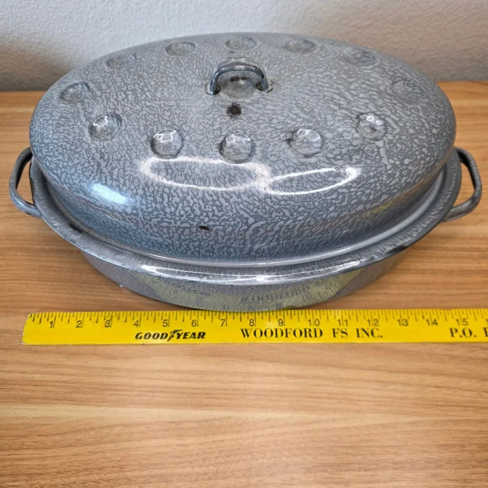 Vintage Gray Enamelware Graniteware Double Handled Roasting Pan Handled Lid